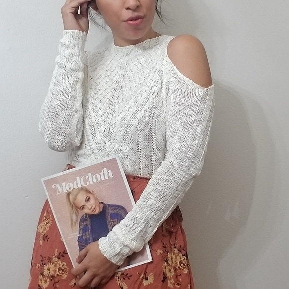 Sweaters - IVORY MOCK NECK COLD SHOULDER SWEATER